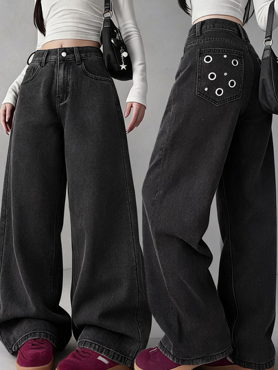 FRIFUL Women's Casual Washed Denim Jeans With Metal Eyelet Decor