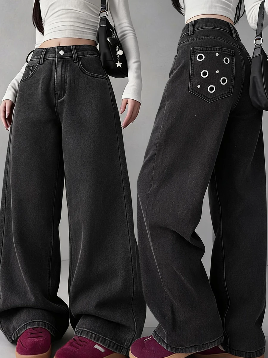 FRIFUL Women's Casual Washed Denim Jeans With Metal Eyelet Decor - Dark Grey - View 1