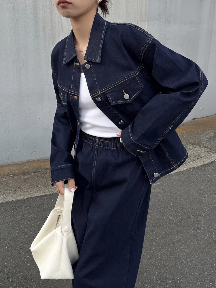 FRIFUL Women's Single-Breasted Long Sleeve Top And Long Pants Casual Daily Denim Set - Blue - View 6