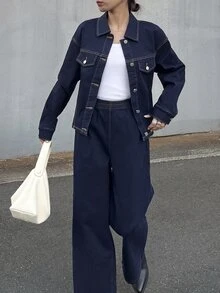 FRIFUL 女款單排扣長袖上衣與長褲休閒日常牛仔套裝 - 藍色 - 查看 8