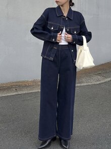 FRIFUL 女款單排扣長袖上衣與長褲休閒日常牛仔套裝 - 藍色 - 查看 4
