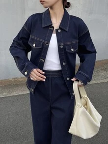 FRIFUL 女款單排扣長袖上衣與長褲休閒日常牛仔套裝 - 藍色 - 查看 5