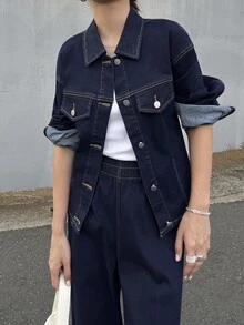 FRIFUL 女款單排扣長袖上衣與長褲休閒日常牛仔套裝 - 藍色 - 查看 7