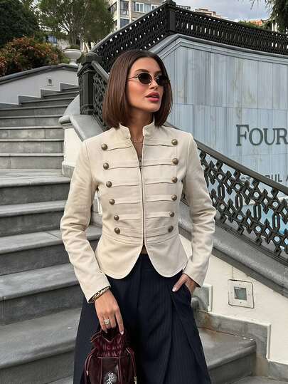 Lavishia Women's Elegant Double-Breasted Light Khaki Zip Front Napoleon/Military Jacket, Fall Outfit,Country Concert Attire, NapoleonJacket,Gothic Style,Autumn