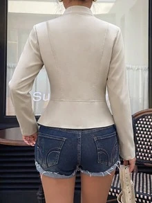 Lavishia 女款淺卡其色修身拉鍊前開拿破崙/軍裝夾克，夏季穿搭，戶外、鄉村音樂會服裝，夏季上衣 - 卡其色 - 查看 8