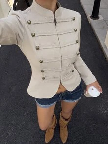 Lavishia 女款淺卡其色修身拉鍊前開拿破崙/軍裝夾克，夏季穿搭，戶外、鄉村音樂會服裝，夏季上衣 - 卡其色 - 查看 6