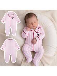 SHEIN Piyama Bayi Baru Lahir Motif Ksatria Kasual untuk Harian di Rumah Celana Panjang Terusan Satu Potong - Baby Pink - View 3
