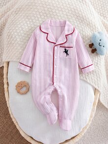 SHEIN Piyama Bayi Baru Lahir Motif Ksatria Kasual untuk Harian di Rumah Celana Panjang Terusan Satu Potong - Baby Pink - View 7