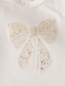 SHEIN 少女珠飾蝴蝶結刺繡圓領短袖休閒標準尺寸T恤 - 白色 - 查看 5