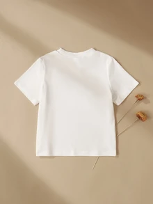 SHEIN 少女珠飾蝴蝶結刺繡圓領短袖休閒標準尺寸T恤 - 白色 - 查看 3