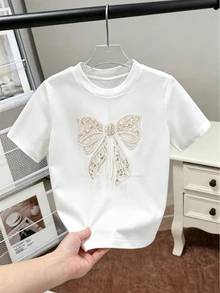 SHEIN 少女珠飾蝴蝶結刺繡圓領短袖休閒標準尺寸T恤 - 白色 - 查看 2