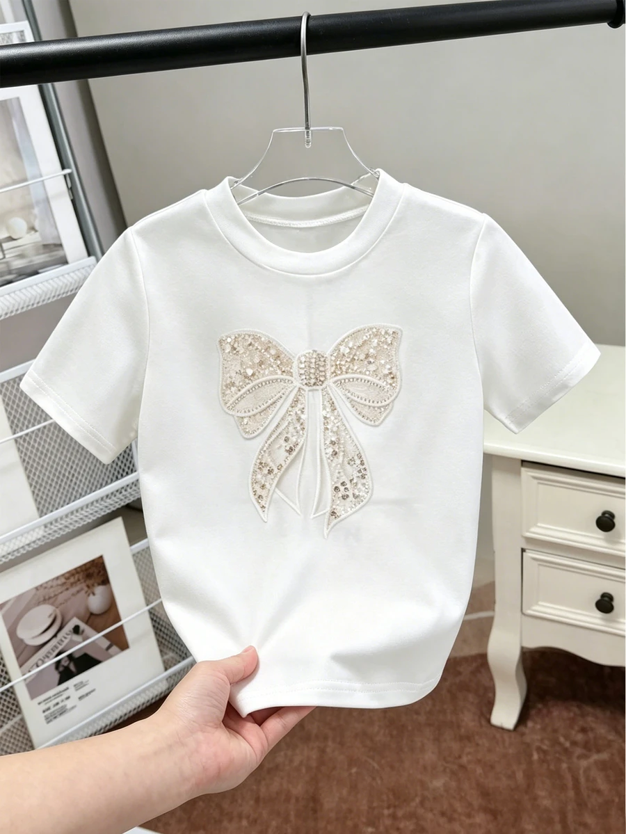 SHEIN 少女珠飾蝴蝶結刺繡圓領短袖休閒標準尺寸T恤