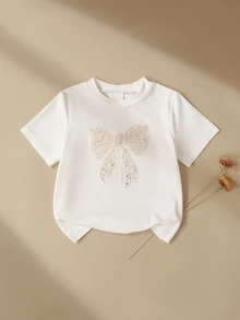 SHEIN 少女珠飾蝴蝶結刺繡圓領短袖休閒標準尺寸T恤 - 白色 - 查看 4