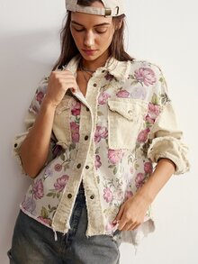 Bohemela 女款秋季休閒波西米亞風編織復古印花拼接寬鬆水洗夾克，鄉村度假日常外出旅行萬聖節新年米色 - 粉色 - 查看 10