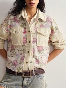 Bohemela 女款秋季休閒波西米亞風編織復古印花拼接寬鬆水洗夾克，鄉村度假日常外出旅行萬聖節新年米色 - 粉色 - 查看 6