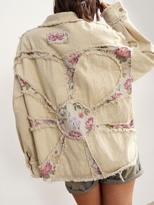 Bohemela 女款秋季休閒波西米亞風編織復古印花拼接寬鬆水洗夾克，鄉村度假日常外出旅行萬聖節新年米色 - 粉色 - 查看 2
