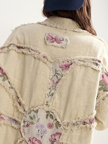 Bohemela 女款秋季休閒波西米亞風編織復古印花拼接寬鬆水洗夾克，鄉村度假日常外出旅行萬聖節新年米色 - 粉色 - 查看 5