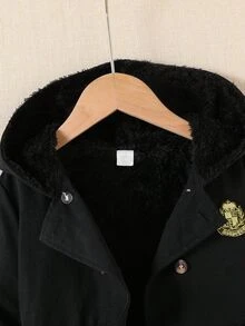 SHEIN Explorewe 1 件年轻女孩卡其色保暖内衬连帽双排扣时尚夹克，适合 2025 年开学季，年轻女孩学院风和校园运动装 - 黑色 - 查看 8