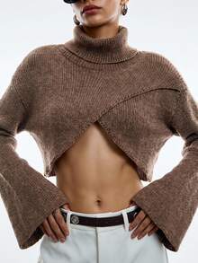 LYSMO Women's Autumn/Winter Fashion High Neck Bell Sleeve Cropped Sweater - Khaki - View 2