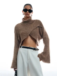 LYSMO Women's Autumn/Winter Fashion High Neck Bell Sleeve Cropped Sweater - Khaki - View 10