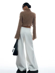LYSMO Women's Autumn/Winter Fashion High Neck Bell Sleeve Cropped Sweater - Khaki - View 3