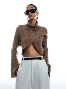 LYSMO Women's Autumn/Winter Fashion High Neck Bell Sleeve Cropped Sweater - Khaki - View 6