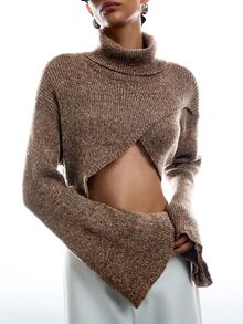LYSMO Women's Autumn/Winter Fashion High Neck Bell Sleeve Cropped Sweater - Khaki - View 5