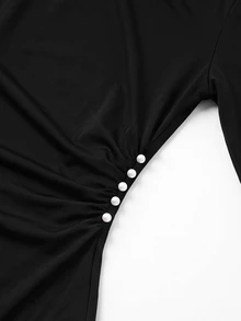 GlowEve CURVE Plus Size Women's Elegant Daily Versatile Ruched Pearl Decor Long Sleeve Solid Color Bodysuit, Spring/Autumn Winter - Black - View 4