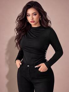 GlowEve CURVE Plus Size Women's Elegant Daily Versatile Ruched Pearl Decor Long Sleeve Solid Color Bodysuit, Spring/Autumn Winter - Black - View 3