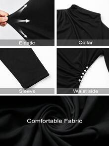 GlowEve CURVE Plus Size Women's Elegant Daily Versatile Ruched Pearl Decor Long Sleeve Solid Color Bodysuit, Spring/Autumn Winter - Black - View 7