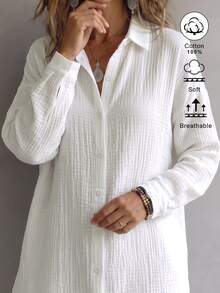 SHEIN LUNE 新款女款休閒襯衫，女款落肩長袖襯衫，白色女款襯衫，女款寬鬆版型襯衫，基礎款女款襯衫，女款通勤襯衫，女款度假服飾，女款秋季服飾，女款辦公襯衫，女款長版襯衫 - 白色 - 查看 3