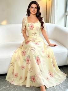 Modelyn Gaun Pesta Elegan Berkerah Persegi Motif Bunga untuk Wanita Ukuran Plus - MultiWarna - View 7