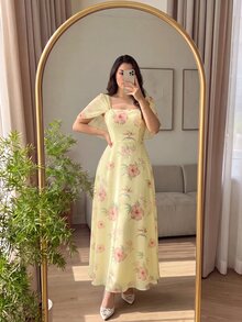 Modelyn Gaun Pesta Elegan Berkerah Persegi Motif Bunga untuk Wanita Ukuran Plus - MultiWarna - View 1
