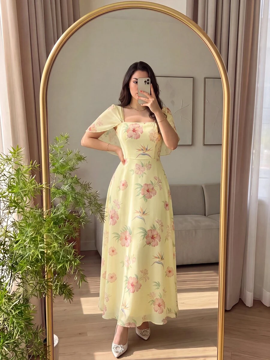 Modelyn Gaun Pesta Elegan Berkerah Persegi Motif Bunga untuk Wanita Ukuran Plus - MultiWarna - View 1