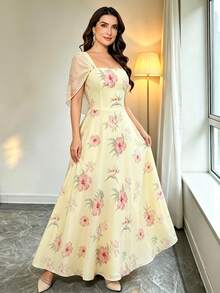 Modelyn Gaun Pesta Elegan Berkerah Persegi Motif Bunga untuk Wanita Ukuran Plus - MultiWarna - View 5