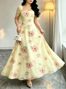 Modelyn Gaun Pesta Elegan Berkerah Persegi Motif Bunga untuk Wanita Ukuran Plus - MultiWarna - View 3