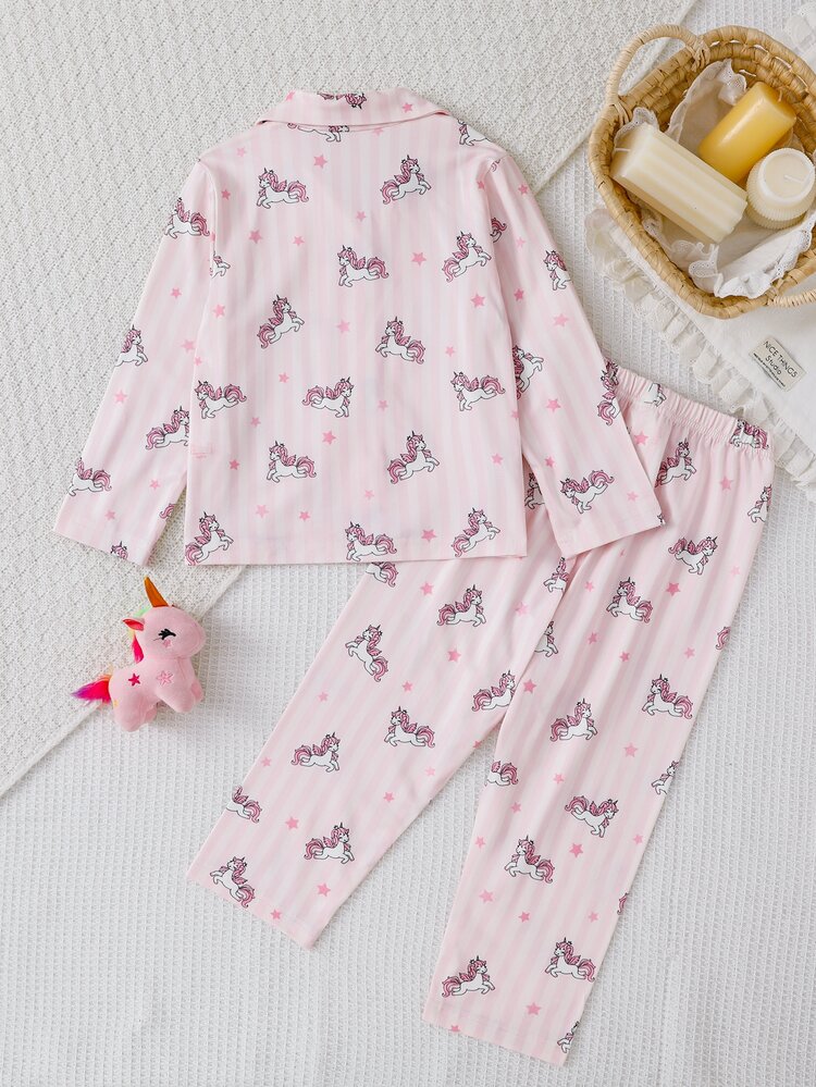 Girls' Unicorn Cute Print Flame Retardant Pajama Set, Long Sleeve Loose Fit Top And Pants 2 Pieces Set - Pink - View 3
