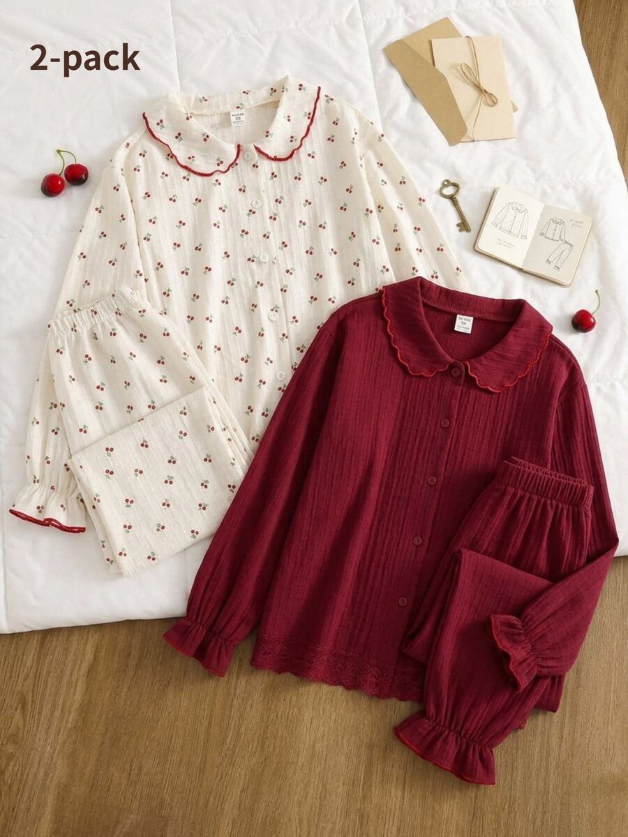 Girls' Casual Cherry Print Pajama Set, Suitable For Autumn/Winter Wear - Multicolor - View 1