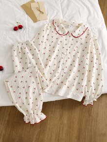 Girls' Casual Cherry Print Pajama Set, Suitable For Autumn/Winter Wear - Multicolor - View 3