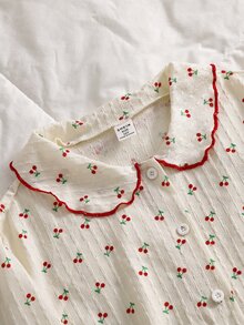 Girls' Casual Cherry Print Pajama Set, Suitable For Autumn/Winter Wear - Multicolor - View 7