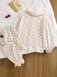 Girls' Casual Cherry Print Pajama Set, Suitable For Autumn/Winter Wear - Multicolor - View 2