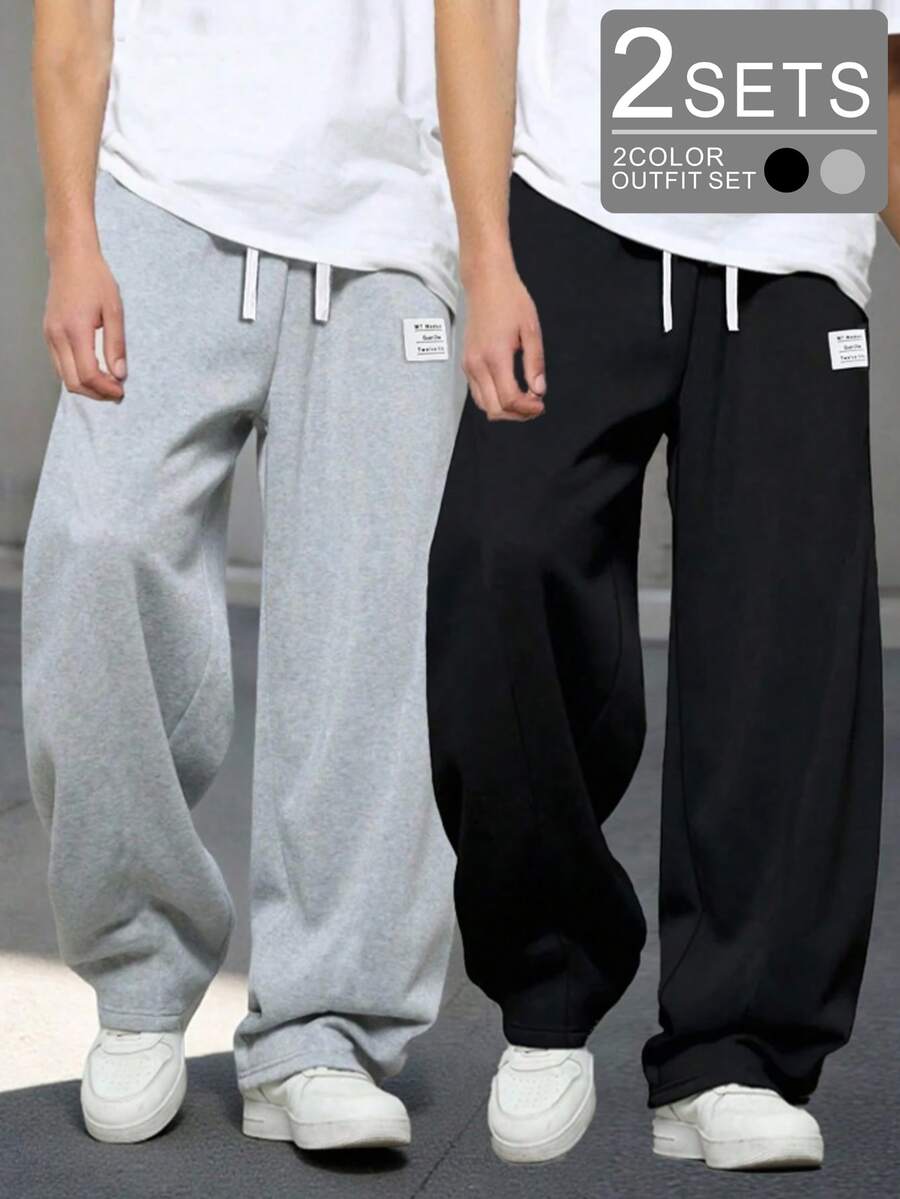 2 Pack Celana Jogging Lurus Fleece Kasual Minimalis Vacaura Boy Warna Hitam & Abu-abu, Cocok Untuk Musim Semi, Gugur & Dingin