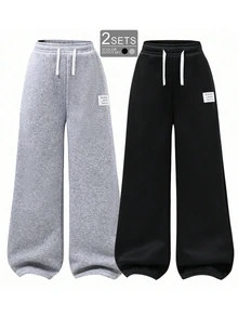 2 Pack Celana Jogging Lurus Fleece Kasual Minimalis Vacaura Boy Warna Hitam & Abu-abu, Cocok Untuk Musim Semi, Gugur & Dingin - MultiWarna - View 3
