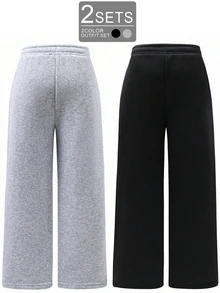 2 Pack Celana Jogging Lurus Fleece Kasual Minimalis Vacaura Boy Warna Hitam & Abu-abu, Cocok Untuk Musim Semi, Gugur & Dingin - MultiWarna - View 4