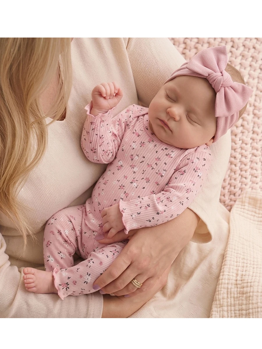 SHEIN Newborn Baby Girl Pink Ribbed Floral Long Sleeve Top And Elastic Waist Long Pants Set, Comfortable And Fashionable Infant Loungewear - Pink - View 1