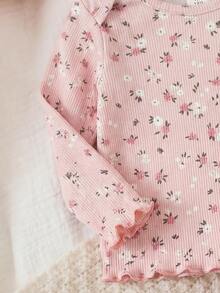 SHEIN Newborn Baby Girl Pink Ribbed Floral Long Sleeve Top And Elastic Waist Long Pants Set, Comfortable And Fashionable Infant Loungewear - Pink - View 4