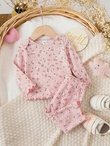 SHEIN Newborn Baby Girl Pink Ribbed Floral Long Sleeve Top And Elastic Waist Long Pants Set, Comfortable And Fashionable Infant Loungewear - Pink - View 3