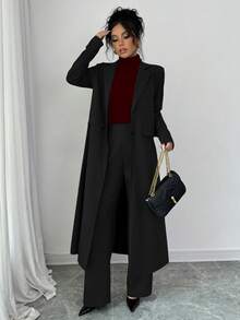 Elenzga 1pc Women Long Lapel Straight Shoulder Long Pants Suit Set, Deep Gray Fall Cloth For Women - Black - View 3