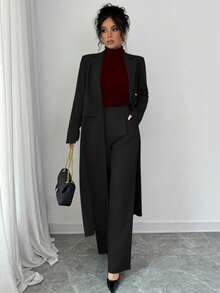 Elenzga 1pc Women Long Lapel Straight Shoulder Long Pants Suit Set, Deep Gray Fall Cloth For Women - Black - View 4