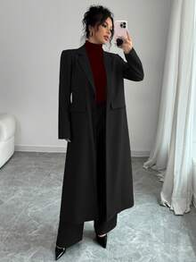 Elenzga 1pc Women Long Lapel Straight Shoulder Long Pants Suit Set, Deep Gray Fall Cloth For Women - Black - View 7